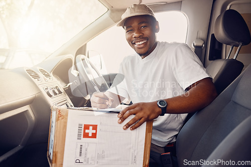 Image of Delivery, box and portrait of courier man in car with checklist for ecommerce, orders and package. Logistics, cargo and happy guy driver with clipboard for parcel, online shopping and transportation