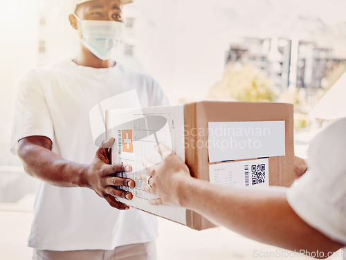 Image of Box, delivery and courier man with mask for covid, safety and compliance while giving ecommerce orders to customer. Corona, guy and woman with parcel, online shopping or retail package at her home