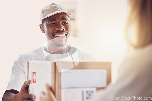 Image of Happy, delivery and box with man courier and customer for ecommerce, order and online shopping package. Smile, guy and woman with parcel, product and retail package with friendly service at her home