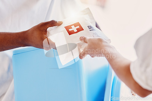 Image of Hands, medical package and delivery closeup in home for woman, man or service for wellness. Medicine logistics, shipping and ecommerce order for pills at house, apartment or workplace for healthcare