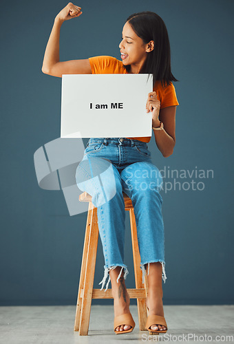 Image of Strength, poster and black woman with strong arm pose in studio for body positivity, acceptance or self love on grey background. Billboard, banner and girl advertising confidence, empowered and proud