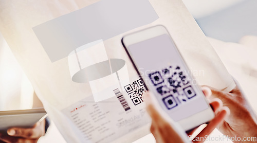 Image of QR code, customer delivery and phone for digital logistics, paperless distribution or invoice. Mobile connection, barcode and courier package from online shopping, supply chain and shipping service