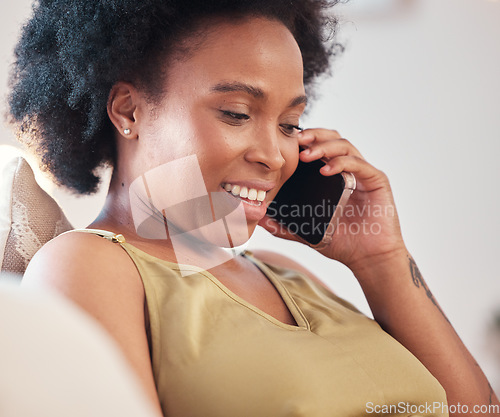 Image of Phone call, communication and black woman in home, talking or chatting to contact. Technology, cellphone and face of happy female with mobile smartphone for networking, conversation or discussion.