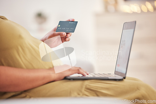 Image of Pregnancy hands, credit card and laptop online shopping, ecommerce or financial payment for customer experience. Pregnant woman or mother and computer for fintech, digital app and banking service