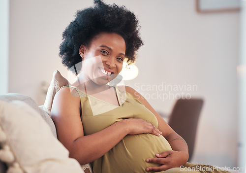 Image of Pregnant, love and portrait of black woman on sofa in home with hope and care for unborn baby. Pregnancy, prenatal motherhood and future mama relax in living room and touching belly for infant health