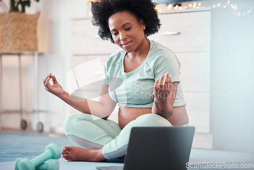 Image of Laptop, pregnant black woman and yoga exercise in home for fitness, wellness and health. Zen lotus, pregnancy and future mother with computer for virtual training or streaming online pilates class.