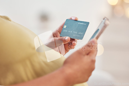 Image of Pregnancy hands, credit card and phone online shopping, ecommerce or financial payment for customer experience. Pregnant woman or mother and smartphone for fintech, digital app and banking service