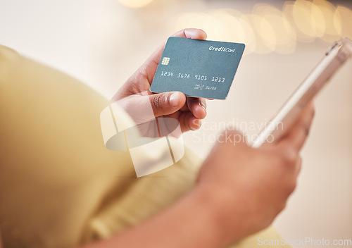 Image of Pregnant, hands with phone and credit card for online shopping, fintech banking or payment. Pregnancy, digital retail and black woman with mobile smartphone for buying, paying or ecommerce online.