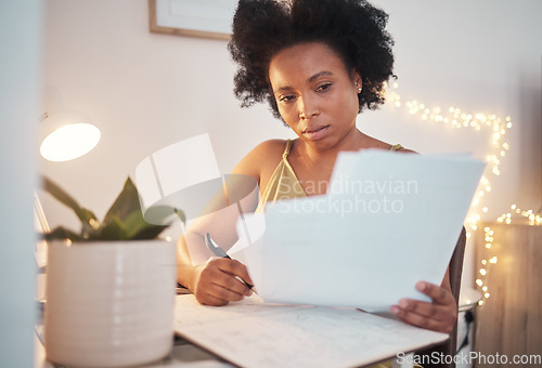 Image of Trading, invoice and black woman writing a budget, working on tax and home accounting. Finance, loan and African girl with documents for payment, contract and entrepreneurship business investment