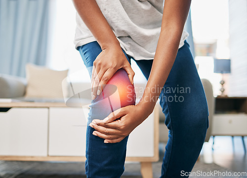 Image of Knee pain, injury and black woman, health and emergency, medical problem, accident at home and red overlay. Orthopedic healthcare, inflammation and muscle tension, stress on joint and hands hold leg