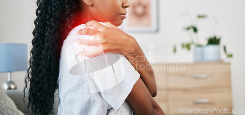 Image of Shoulder pain, injury and black woman, health and emergency, medical problem with accident and red overlay. Orthopedic healthcare, inflammation and muscle tension, stress on joint and injured person