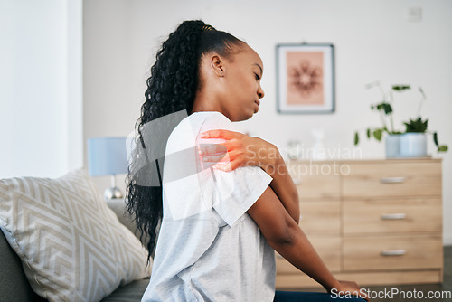 Image of Pain in arm, injury and black woman, health and emergency, medical problem with accident and red overlay. Orthopedic healthcare, inflammation and muscle tension, stress on shoulder and injured person