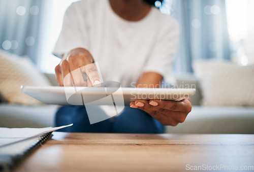 Image of Typing, zoom and hands with a tablet for communication, social media and digital search online. Contact, email and woman with technology for internet, chat on an app and working on the web at home