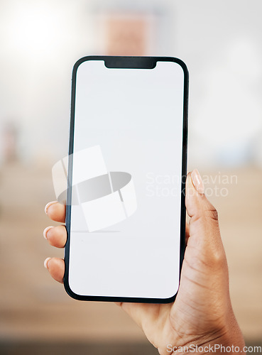 Image of Mockup screen, black woman or hand on smartphone for communication, marketing advertising or networking with white background. Digital, space or girl with phone for social media, website or internet