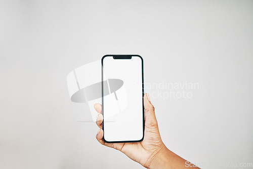 Image of Mockup screen, black woman or hand with phone for communication, marketing advertising or networking with white background. Digital, space or girl on smartphone for social media, website or internet