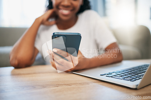 Image of Relax, hand or black woman. student with phone for internet research, search or networking for university project. Education or girl on smartphone for communication, social media or reading blog