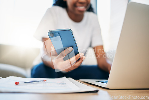 Image of Student, phone black woman hands on laptop for internet research, search or networking for university project. Education, hand or girl with smartphone for communication, social media or reading blog