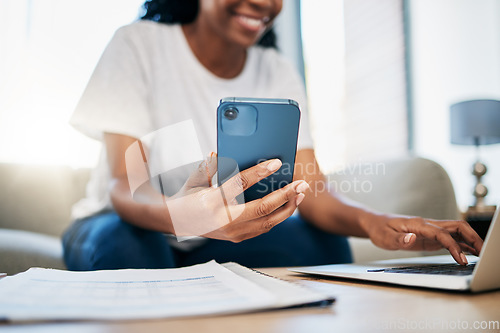 Image of Student, phone or black woman hands on laptop typing for internet research, search or networking for university project. Education, hand or girl on smartphone for communication, social media or blog