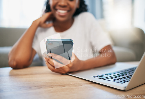 Image of Black woman, student hand or phone for internet research, search or networking for university project. Education, digital or girl on smartphone. typing for communication, social media or reading blog