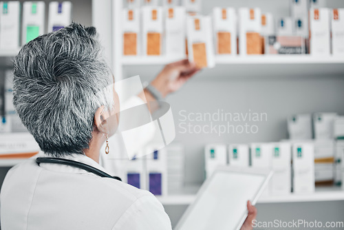 Image of Tablet, pharmacy and medicine with senior woman and mockup in store for healthcare, wellness or retail. Product, digital and medical with pharmacist and shelf for shopping, prescription or inventory