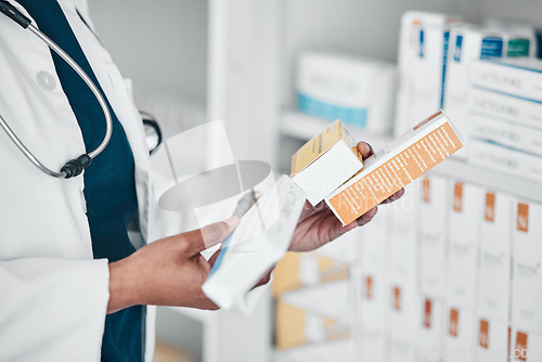 Image of Pharmacy, healthcare and hands of pharmacist with pills, medicine and medication for medical prescription. Wellness, pharmaceutical store and woman reading label for drugs, vitamins and treatment