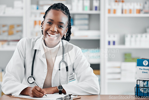 Image of Black woman, pharmacist portrait and smile consultant with stock and health research for wellness. Happy, pharmacy worker and documents of a pharmaceutical employee ready for healthcare work