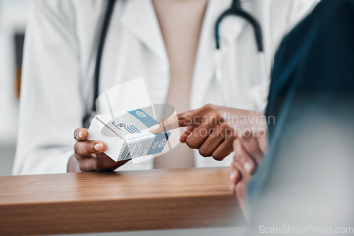 Image of Pharmacy, patient and hands of pharmacist with pills, medicine and and medication for prescription. Healthcare, pharmaceutical store and black woman with drugs, vitamins and supplements for client