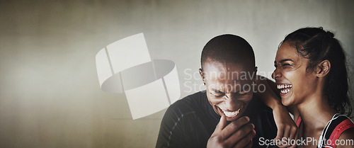 Image of Fitness, mockup or laughter with a black couple in studio on a gray background for health and humor. Exercise, mock up or funny with a man and woman athlete laughing against a wall in the gym