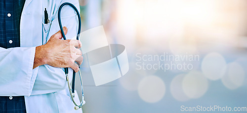 Image of Hand, stethoscope and healthcare on mockup with a doctor man standing in a hospital for insurance. Medical, trust and mock up with a male medicine professional in a clinic for health or treatment