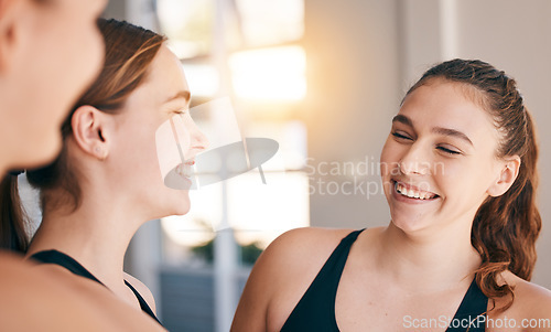 Image of Happy, conversation and girl with team for sports, training and exercise in morning for water polo. Fitness, teamwork and group of female athletes talking, laughing and smile together at practice