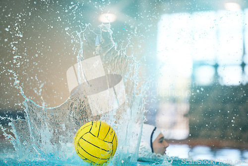 Image of Water polo, ball and splash with athlete in swimming pool training, exercise and fitness game or sports event. Professional swimmer, person or woman in competition, challenge stroke and object action