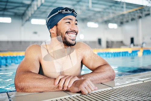 Image of Happy athlete, relax or pool swimmer with cap or goggles in sports wellness, training or exercise for body muscle. Workout, fitness or swimming man with smile, water competition goals or healthcare