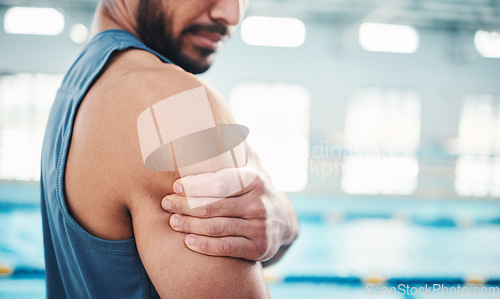 Image of Sports, arm pain and man by swimming pool with injury, muscle ache and inflammation from workout. Wellness, medical care and hands of male with accident or bruise from fitness, exercise or training