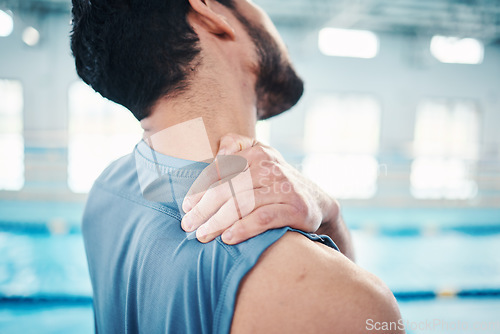 Image of Sports, back pain and man by swimming pool with injury, muscle ache and body inflammation. Massage, medical aid and male athlete with accident, emergency or bruise from fitness, exercise or training