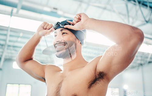 Image of Swimming athlete, man with smile and start race, fitness and exercise at pool, motivation and active lifestyle. Water sports, happy and face with workout, training and health with wellness in sport