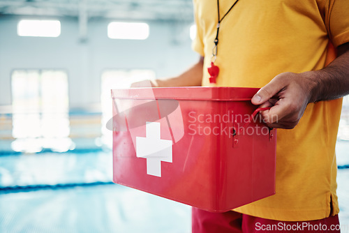 Image of Box, safety or hands of a lifeguard by a swimming pool helping rescue the public from water danger or drowning. Zoom, trust or man with a medical kit ready for emergency injury support in an accident