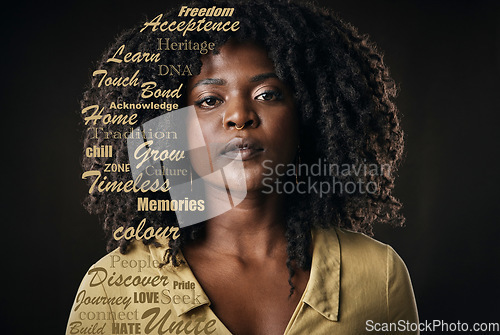 Image of Beauty, portrait and black woman in a studio with a quote for motivation, strength or empowerment. Poster, inspiration and African female model with an afro with words overlay by a black background.