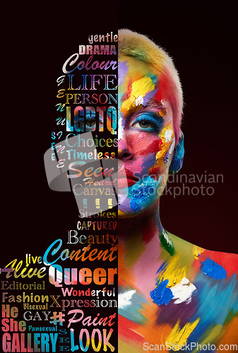 Image of LGBTQ, gay and portrait of a woman with paint on body isolated on a black background. Freedom, love and model with rainbow painting for celebration of pride, expression and choice on a backdrop