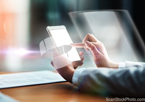 Image of Mockup, futuristic or black woman hands with phone for finance, networking or communication in office. Stock market or zoom of trading girl for financial investment growth planning or cryptocurrency