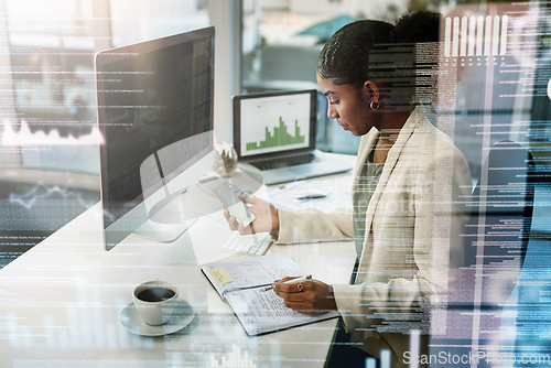 Image of Digital, overlay or black woman with phone for finance, networking or communication in office. Stock market, happy or trading girl thinking for financial investment growth planning or cryptocurrency