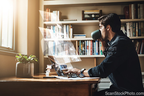 Image of Business man with laptop, forex and futuristic digital transformation, trading graph overlay and remote work. Investment, data analytics and hologram, growth and holographic dashboard with crypto