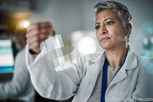 Image of Research, thinking and science with senior woman in laboratory for pharmacy, medicine and future development. Innovation, idea and test tube with expert for vaccine, investigation and biotechnology