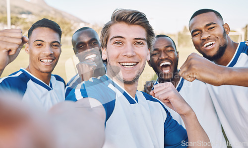 Image of Fist, soccer and portrait of a team selfie at training, game or competition on a field. Fitness, diversity and strong football players with a photo after winning, achievement and sports in France