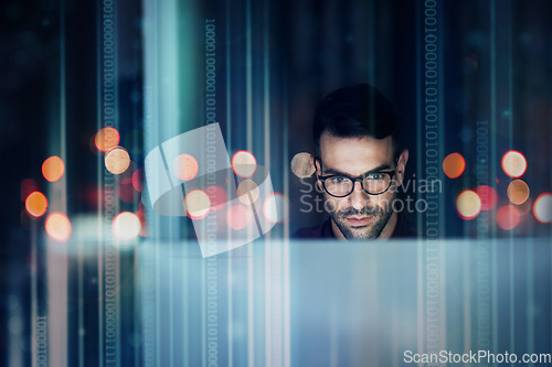 Image of Businessman, computer and night with overlay, futuristic hologram or data analytics with coding strategy. Man, dark office and with holographic mockup space for focus, pc and information technology