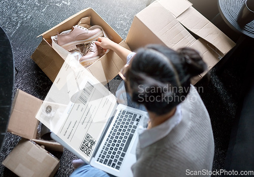 Image of Package, online shopping and woman on laptop ecommerce, QR code and retail shoes for logistics services. Fintech, computer screen and person with fashion box, delivery notification or digital receipt