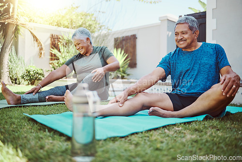 Image of Yoga, stretching and senior couple exercise, wellness and fitness workout for lose weight or retirement health. Backyard, garden and happy, elderly people or friends with pilates or outdoor training
