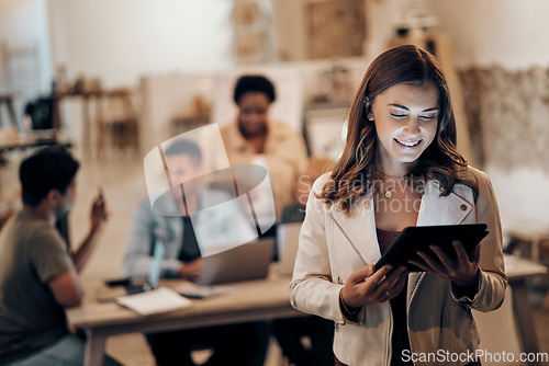 Image of Night, woman and leader with tablet, staff and modern office for data analysis, connection and digital planning. Dark, female employee and manager with device, smile and search internet for research