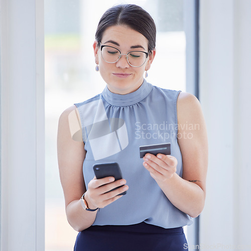 Image of Business woman doubt with credit card, thinking about ecommerce choice with online shopping and bank app..Question internet banking decision, tech and corporate account for financial service