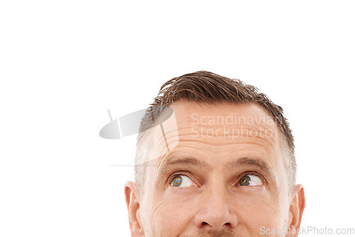 Image of Closeup, man looking up and mockup for product placement, space and isolated on white studio background. Zoom, male or gentleman with focus, thinking or ideas for advertising campaign or sales growth