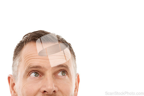 Image of Face, thinking and mockup space for idea, advertising or promotion isolated on a white background. Person looking up at copyspace for logo, brand or sale with barber haircut, eyes and studio headshot